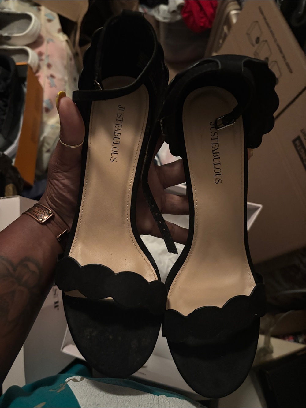 JustFab Black Scalloped Ankle-Strap Heels